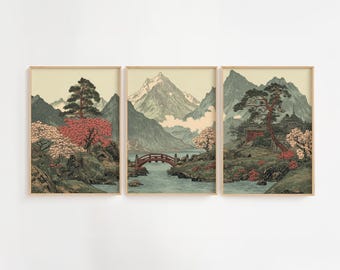 Japans drieluik met berglandschap: set zengiclée kunstafdrukken