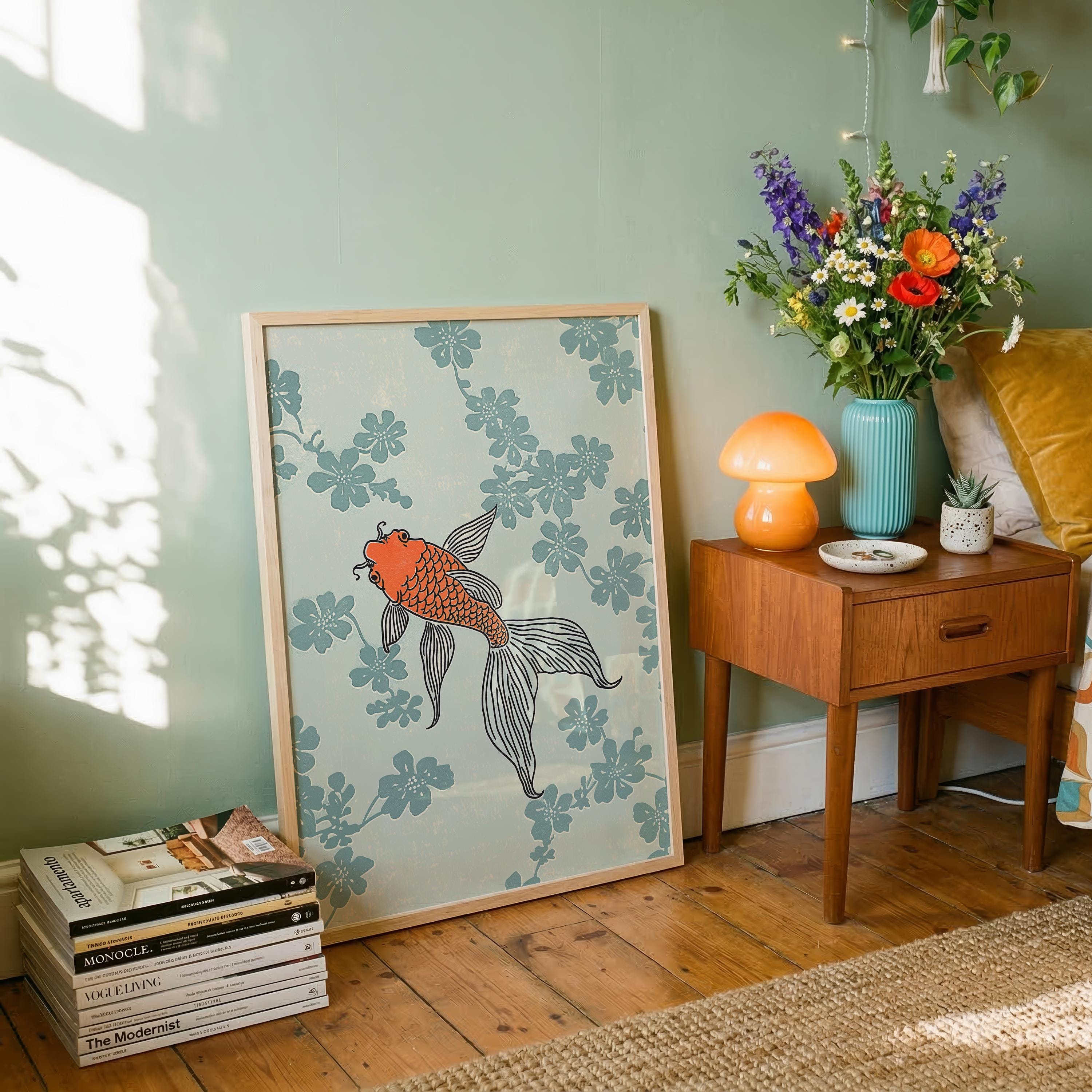 Minimalist Japanese Koi Fish Wall Art | Zen Floral Print in Pastel Blue ...