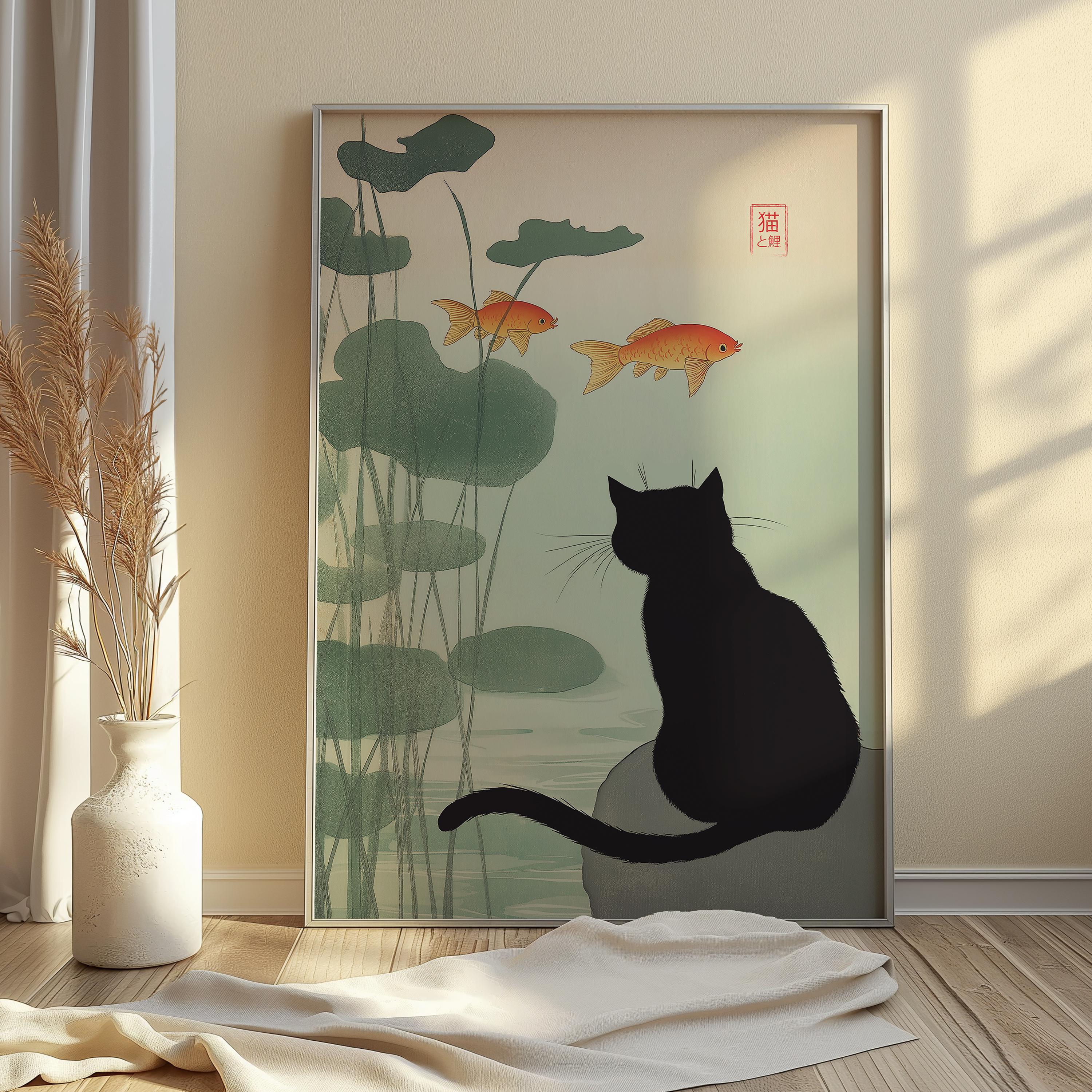 Japanese Black Cat Goldfish Print | Vintage Ukiyo-e Style Art | Asian ...