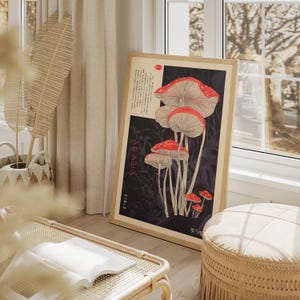 Red and black Japanese-style mushroom poster for home decor