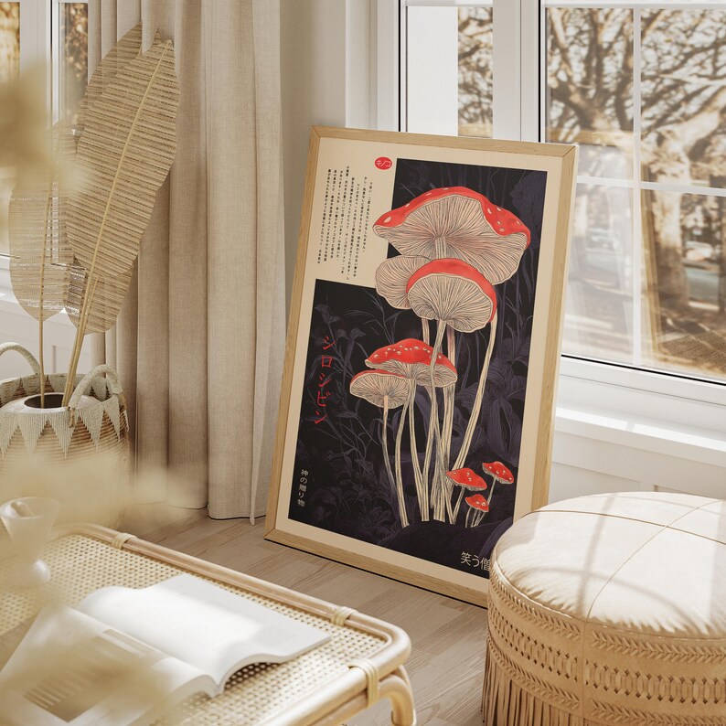 Red and black Japanese-style mushroom poster for home decor