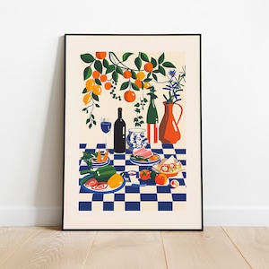 Vibrant Abstract Food & Wine Art Print, Matisse-Inspired Kitchen Decor, Retro Wall Art