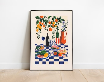 Vibrant Abstract Food & Wine Art Print, Matisse-Inspired Kitchen Decor, Retro Wall Art