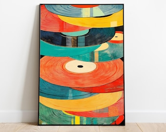May include: Abstract art print featuring a stack of colorful vinyl records. The records are in shades of red, yellow, teal, and navy blue, with a black background. The artwork is framed in a black frame and is displayed on a white wall.