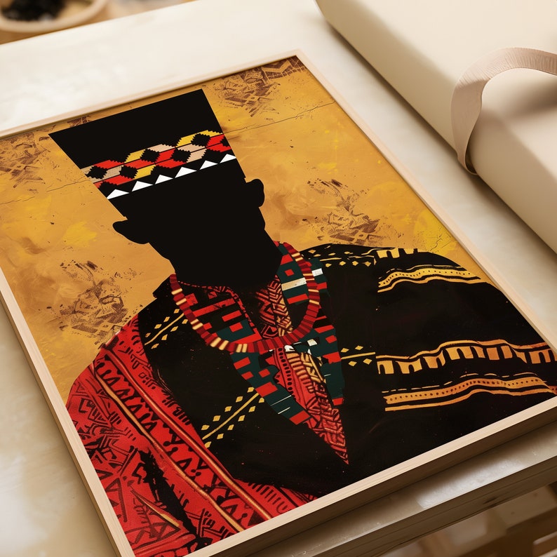 Celebrate African culture with this colorful print. Abstract shapes and a man silhouette create a dynamic conversation piece.