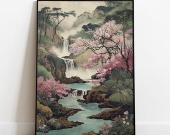 Japanese Cherry Blossom Landscape Print – Tranquil Waterfall Art – Traditional Asian Nature Wall Decor – Fine Art Poster