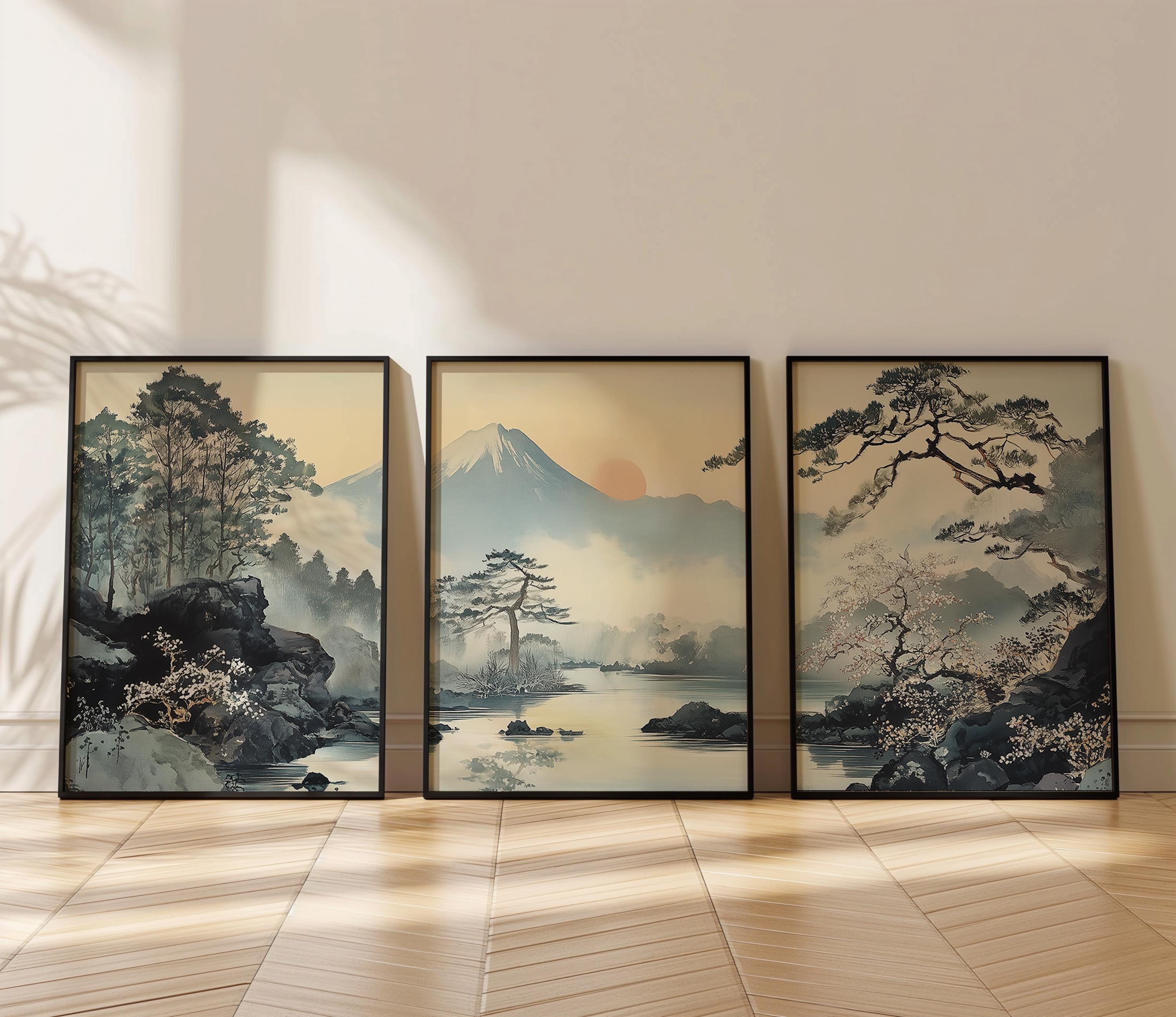 Japanese Mountain Triptych: Misty Sakura & Pine Tree Giclée Prints