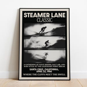 Steamer Lane Classic Surfing Poster – Vintage 1986 Santa Cruz Print, A-Format Wall Art, Black & White Surfer Photo, Coastal Decor