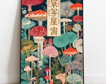 May include: A framed art print with a vibrant illustration of diverse mushrooms in a forest. The artwork displays various mushroom types in red, green, and pink hues, with Japanese text. The background is a dark teal colour.