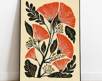 May include: A framed art print featuring a stylized floral design. The artwork showcases vibrant orange flowers with detailed linear patterns, set against a cream background. Dark green leaves and stems with gold accents complete the botanical theme.