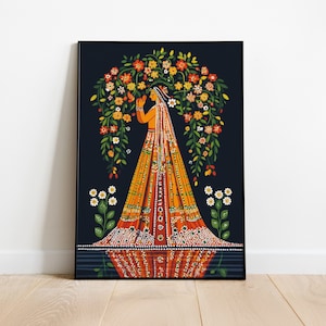 Traditional Indian Women Floral Art Print - Vibrant Pichwai Inspired Wall Decor - Cultural Indian Woman Painting