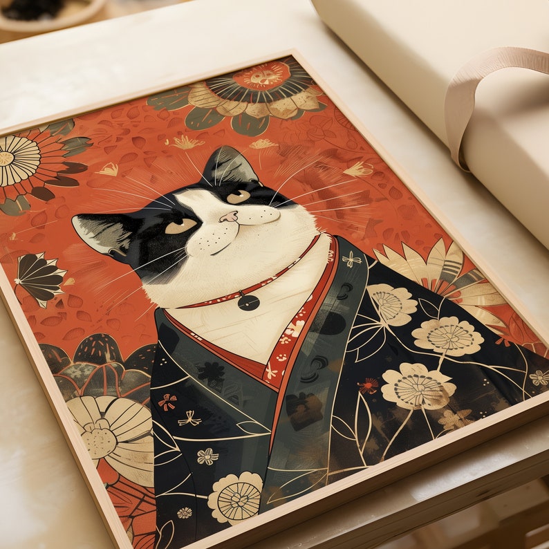 Vintage Japanese Cat Poster: Funny Kimono Wall Art (digital Download ...