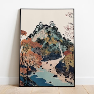 Kunstdruck einer japanischen Landschaft – Vintage-inspirierter Ukiyo-e Stil Poster, Berg- & Flussszene, traditionelle japanische Wandkunst
