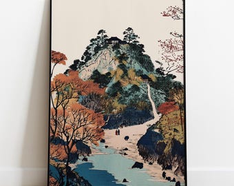 Ukiyo-e Japanese Landscape Art Print: Vintage Mountain River Scene
