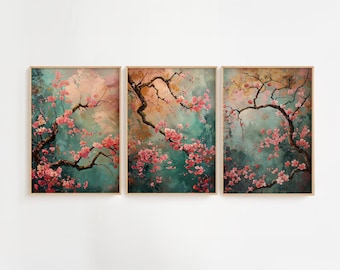 Japanese Cherry Blossom Giclée Print Set: Golden Asian Wall Art