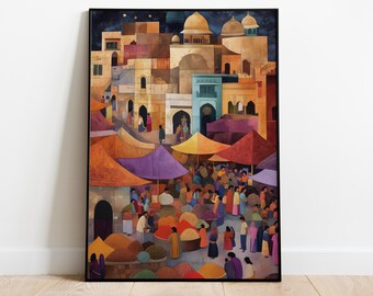 Colorful Traditional Indian Marketplace Painting - Spice Market Art - Vibrant Cultural Artwork