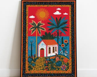 Lámina de arte popular mexicano: Casa tropical colorida, decoración latinoamericana