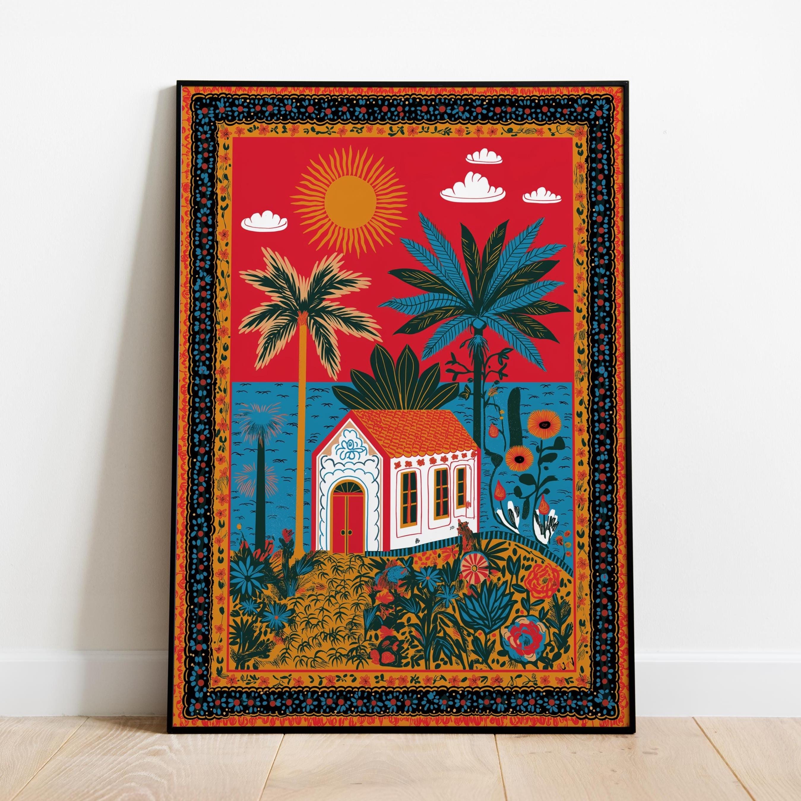 Mexican Folk Art Print: Colorful Tropical House, Latin American Decor