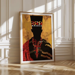 Indulge your senses with the bold colors and captivating design of this African-inspired print featuring a man silhouette and geometric patterns.