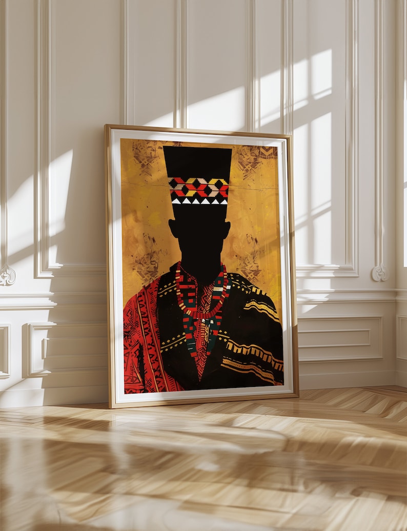 Indulge your senses with the bold colors and captivating design of this African-inspired print featuring a man silhouette and geometric patterns.