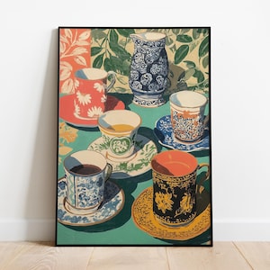 Tazze da tè marocchine, stampa giclée / Arte di nature morte vivaci / Decorazione eclettica per la cucina / Arte murale boho per la sala da pranzo