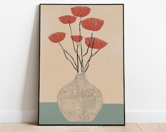 Puede incluir: Impresión artística enmarcada que presenta un jarrón con un patrón lineal, con flores rojas con tallos negros. El fondo es de color beige claro, con una base turquesa. La obra de arte está encerrada en un marco negro.