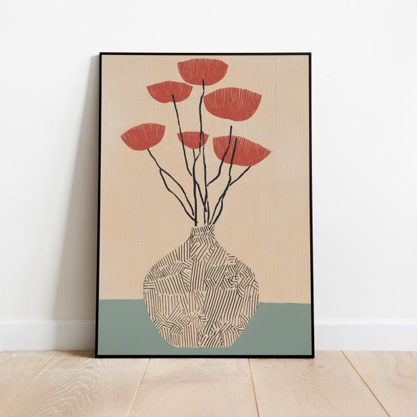 Mid-Century Modern Terracotta Floral Vase Print | Minimalist Red Flower Wall Art | Boho Earth Tone Decor