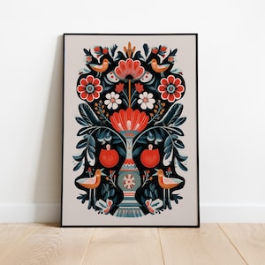 Stampa d'arte popolare messicana, decorazione murale floreale scura, arte tradizionale dell'albero della vita, arredamento eclettico boho per la casa, stampa di uccelli e fiori culturali