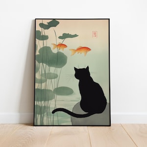 伝統的な壁飾り - 池と金魚を描いた日本の黒猫のプリント - ホームデコレーションギフト