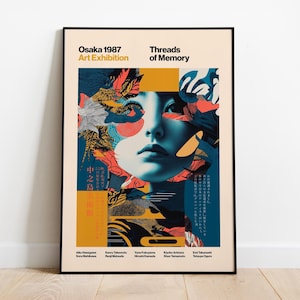 Póster de la exposición de arte de Osaka de 1987: impresión de collage retro japonés, arte mural moderno, estética surrealista, diseño de museo vintage