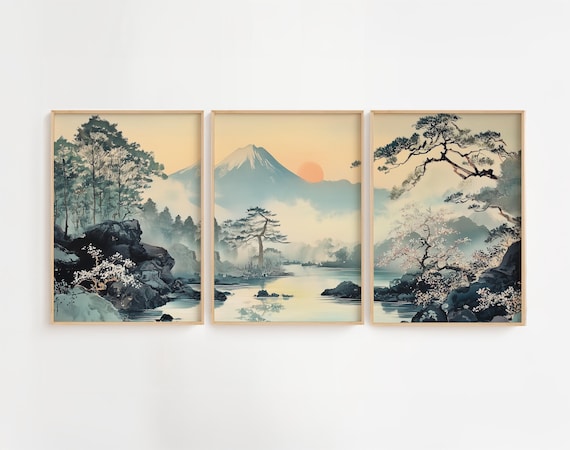 Japanese Mountain Triptych: Misty Sakura & Pine Tree Giclée Prints