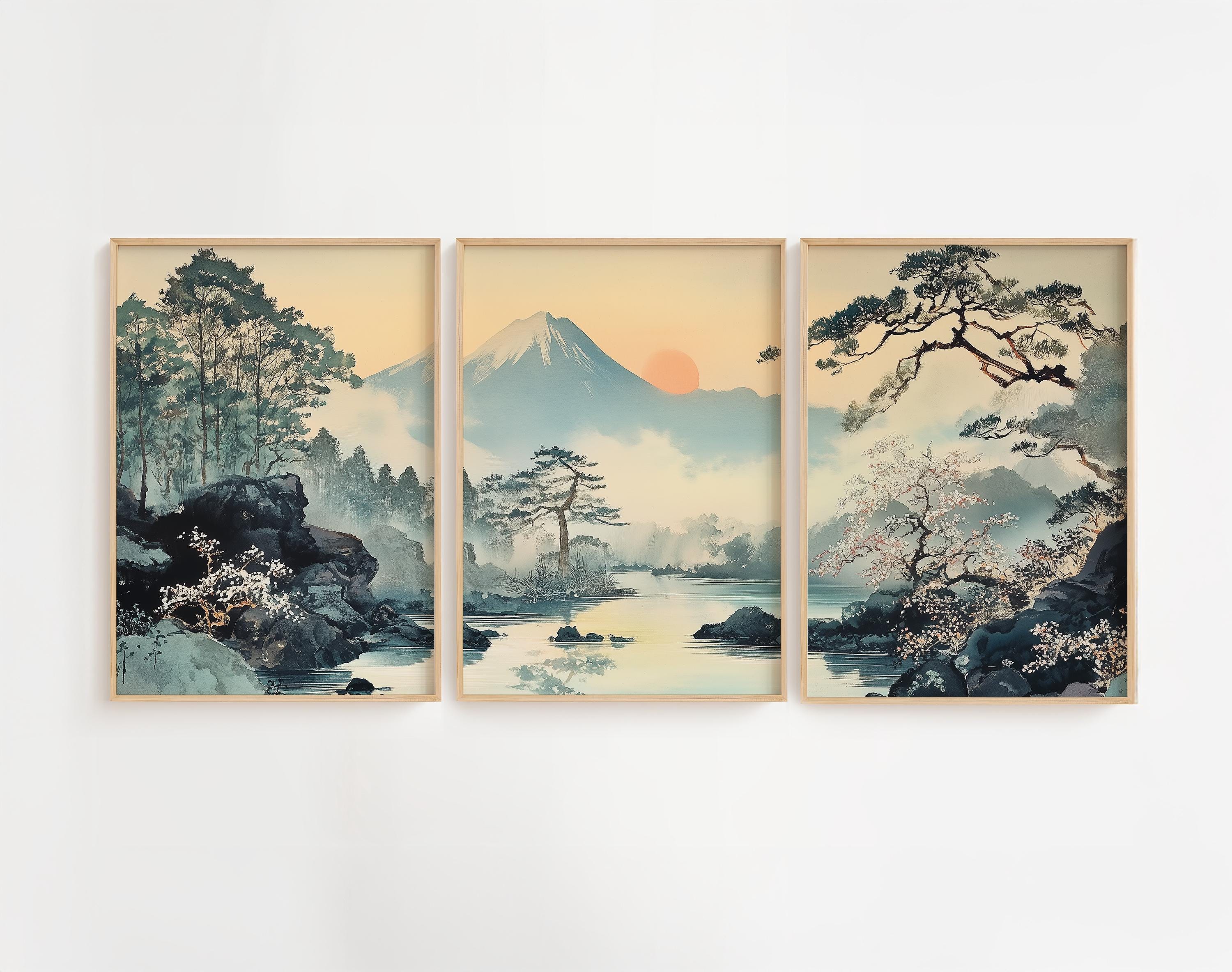 Japanese Mountain Landscape Triptych – Vintage Wall Art