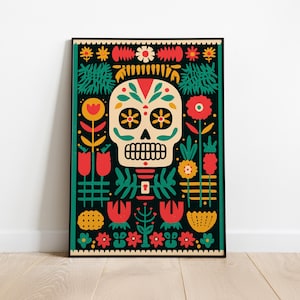 Mexican Folk Art Calavera Print, Bright Dia de los Muertos Sugar Skull Wall Art for Cultural Gift
