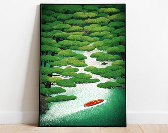 Japanese Pine Forest Print | Ukiyo-e River Landscape, Red Boat