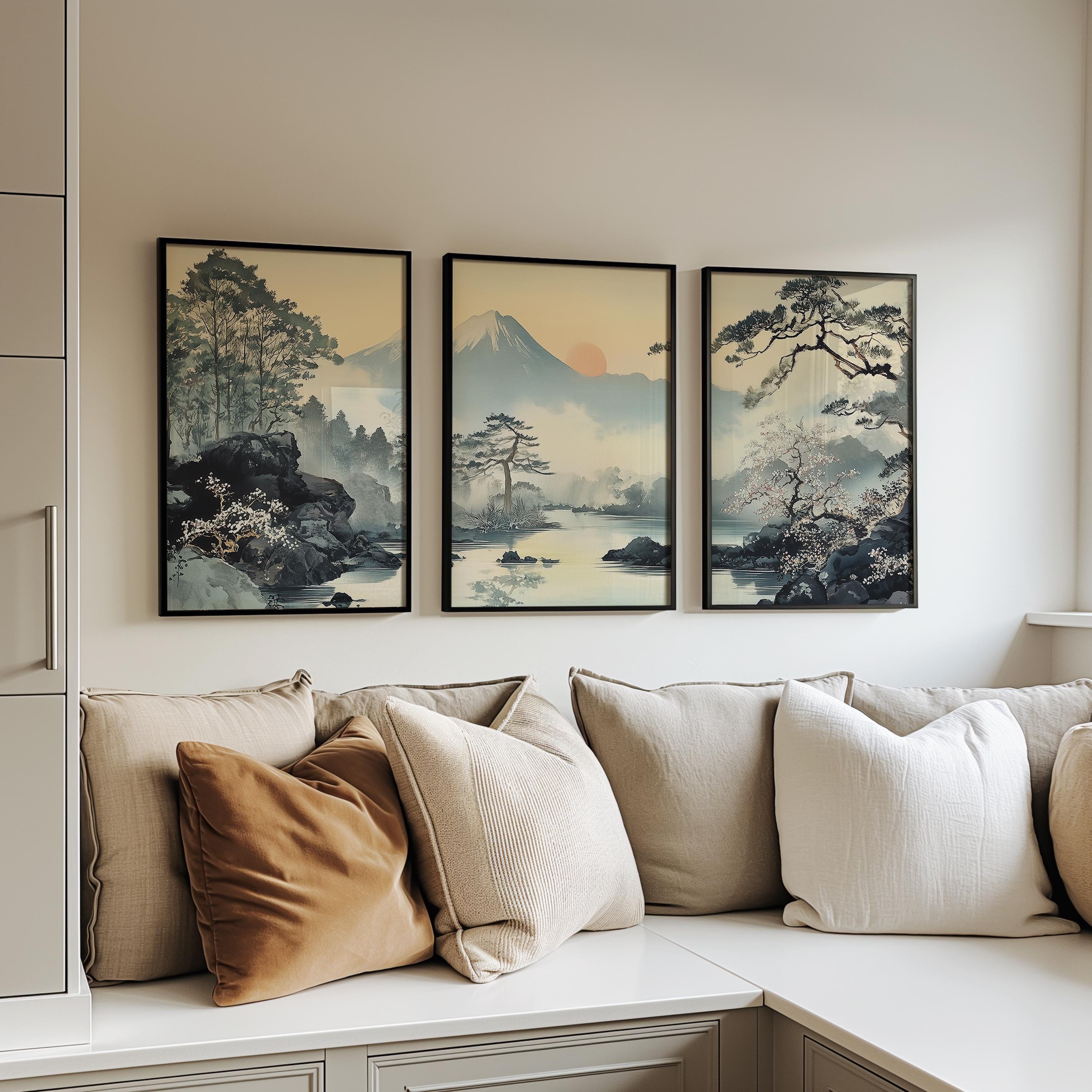 Japanese Mountain Triptych: Misty Sakura & Pine Tree Giclée Prints