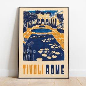 Poster turistico di Tivoli, Roma – Stampa artistica da parete con giardino italiano in stile vintage, illustrazione di architettura e fontana