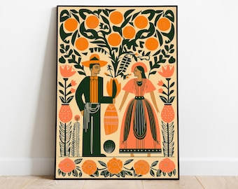 Lámina de arte popular mexicano: Pareja bajo un naranjo, ilustración vintage