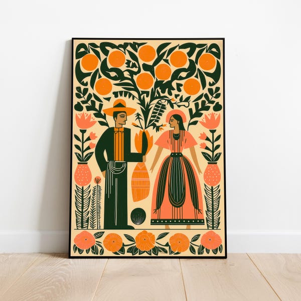 Mexican Folk Art Print: Couple Under Orange Tree, Vintage Illustration