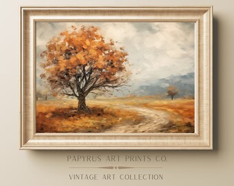 Arte digitale albero maestoso vintage / Paesaggio tranquillo della fattoria pomeridiana / Stampa con download istantaneo / Arte della pittura a olio