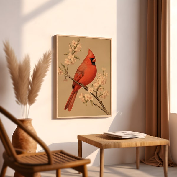 Crimson Serenity Northern Cardinal Bird Perched on a Branch - Vibrant Wildlife Art, Cardinal Print, Nature Wall Decor