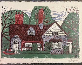 Cottage, 4 Color Linocut Print, Limited Edition