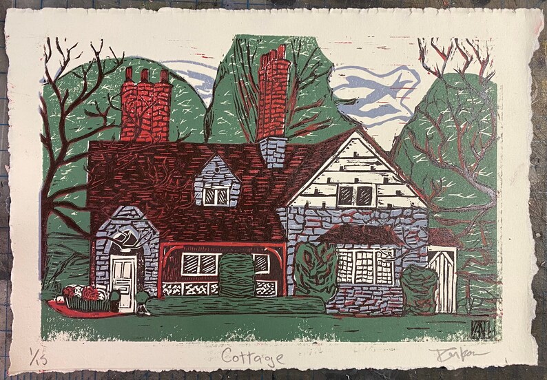 Cottage, 4 Color Linocut Print image 1