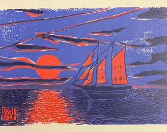 Ship at Sunset, 3 Color Linocut Print, Limited Edition