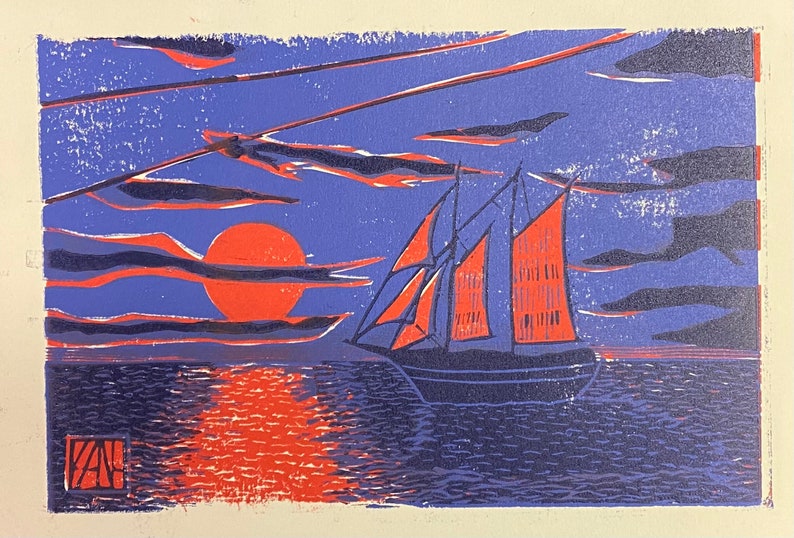 Ship at Sunset, 3 Color Linocut Print image 1