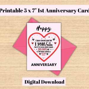 Tarjeta imprimible para el primer aniversario / Descarga instantánea / Tarjeta imprimible para el aniversario de bodas / Tarjeta para el primer aniversario / Imprimir en casa / PDF JPG 5X7"