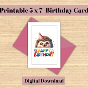 Cartão de aniversário de ouriço para impressão | Download instantâneo | Cartão de aniversário para impressão | Cartão de feliz aniversário de ouriço | Imprimir em casa | PDF JPG 5X7"