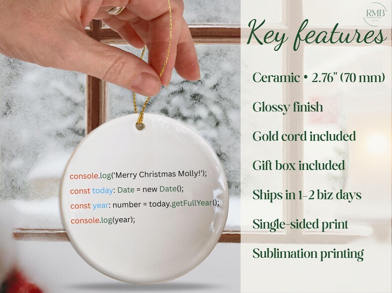 May include: A white ceramic Christmas ornament with a glossy finish, 2.76 inches (70 mm) in diameter, featuring a gold cord. The ornament has text in a programming language. Includes a gift box.