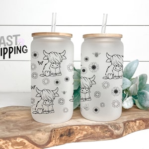 Highland Cow Frosted Glass Cup: Western Beer Can Tumbler