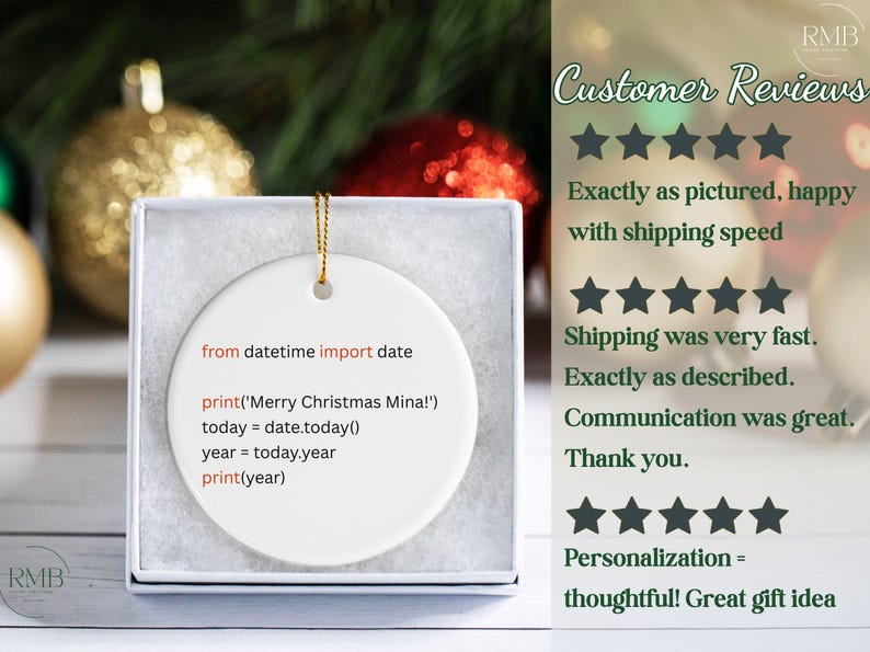 May include: White ceramic Christmas ornament with gold string, displayed in a gift box. The ornament features a Python code snippet with the text "Merry Christmas Mina!" and the current year. Festive holiday decor.
