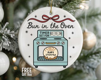 Bun in the Oven Ornament, Pregnancy Announcement Christmas Ornament, Personalized Expecting Baby Reveal, Xmas Ceramic Pregnancy Gift